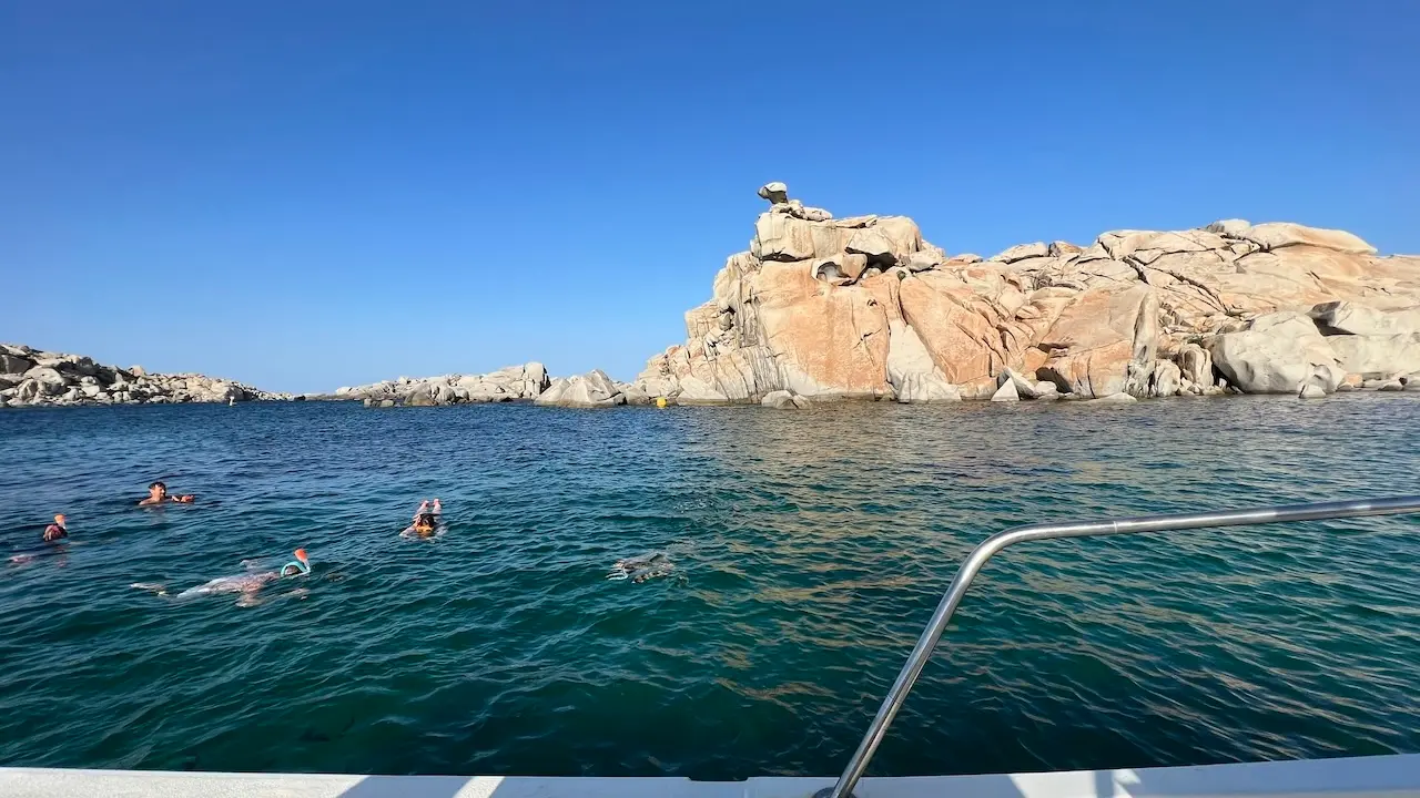 cinq nageurs faisant du snorkeling à l'île Lavezzi lors d'un arrêt baignade pendant une excursion en mer à bord d'un bateau