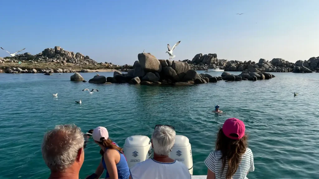 Scène panoramique de baignade dans les eaux poissonneuses de l'île Lavezzu sur un bateau de croisière à Bonifacio